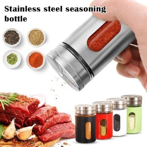 Stainless Steel Spice Jars Seasoning Spices Storage Box Glass Salt Sugar Stirrer Bottle Herbs Jar Container For Condiments Barbecue Kitchen Accessories