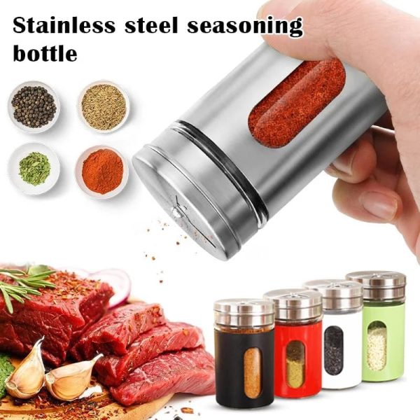 16-salt-jar.jpg Stainless Steel Spice Jars Seasoning Spices Storage Box Glass Salt Sugar Stirrer Bottle Herbs Jar Container For Condiments Barbecue Kitchen Accessories - Image 1