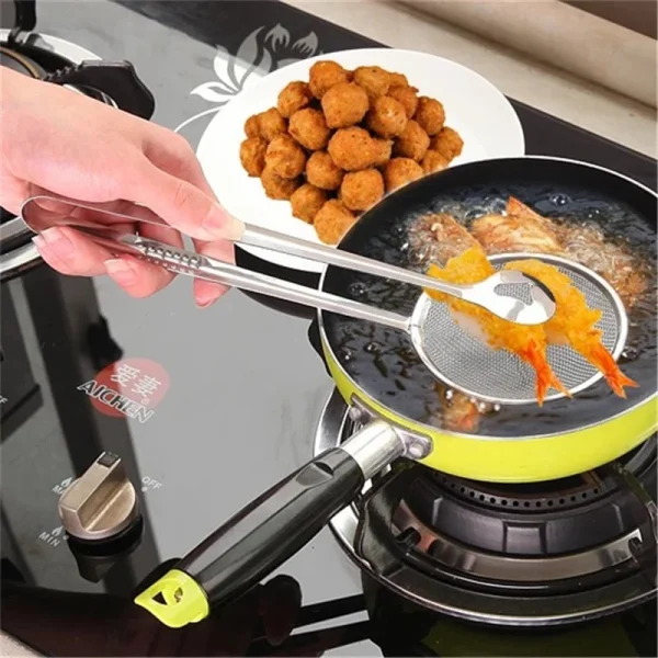 Frying Tong Multi-functional 2 in 1 Fry Tool Filter Spoon Strainer With Clip Stainless Steel Mesh - Image 5