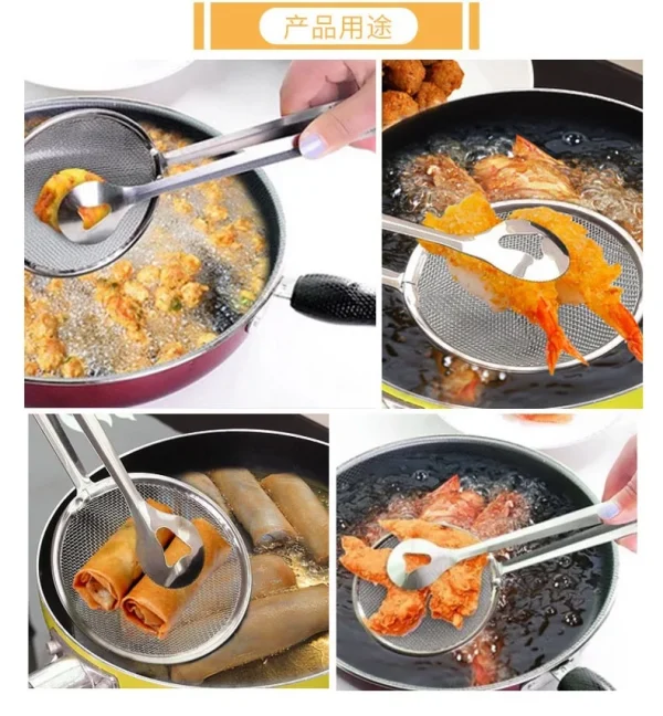 Frying Tong Multi-functional 2 in 1 Fry Tool Filter Spoon Strainer With Clip Stainless Steel Mesh - Image 3