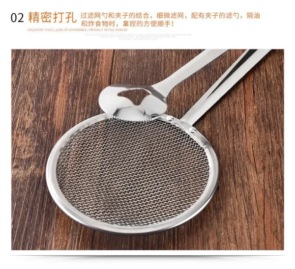 Frying Tong Multi-functional 2 in 1 Fry Tool Filter Spoon Strainer With Clip Stainless Steel Mesh - Image 2