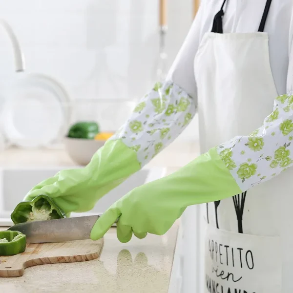 1 Pair Reusable Cleaning Kitchen Hand Gloves Kitchen Cleaning Gloves with Plush Liner Household Dishwashing Gloves Non-slip Waterproof - Image 3