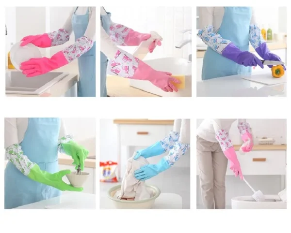 1 Pair Reusable Cleaning Kitchen Hand Gloves Kitchen Cleaning Gloves with Plush Liner Household Dishwashing Gloves Non-slip Waterproof - Image 2