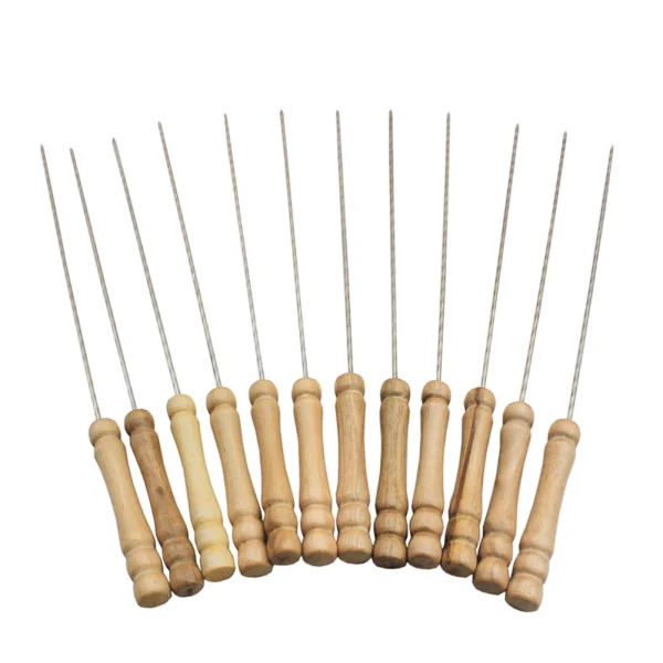 12 pcs Skewers Stainless Barbecue Skewers Flat Kebab Sticks with Wooden Handle - Image 6