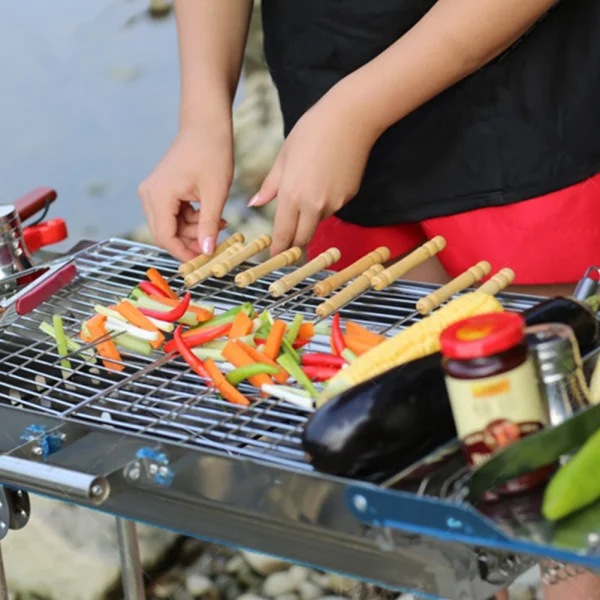 12 pcs Skewers Stainless Barbecue Skewers Flat Kebab Sticks with Wooden Handle - Image 5