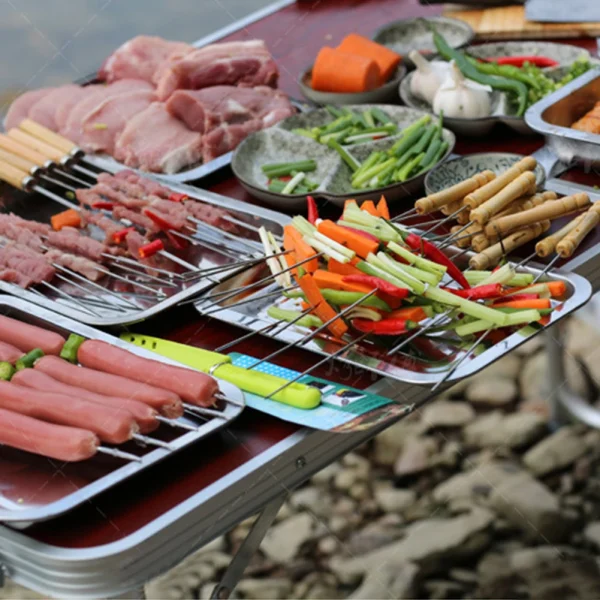 12 pcs Skewers Stainless Barbecue Skewers Flat Kebab Sticks with Wooden Handle - Image 4