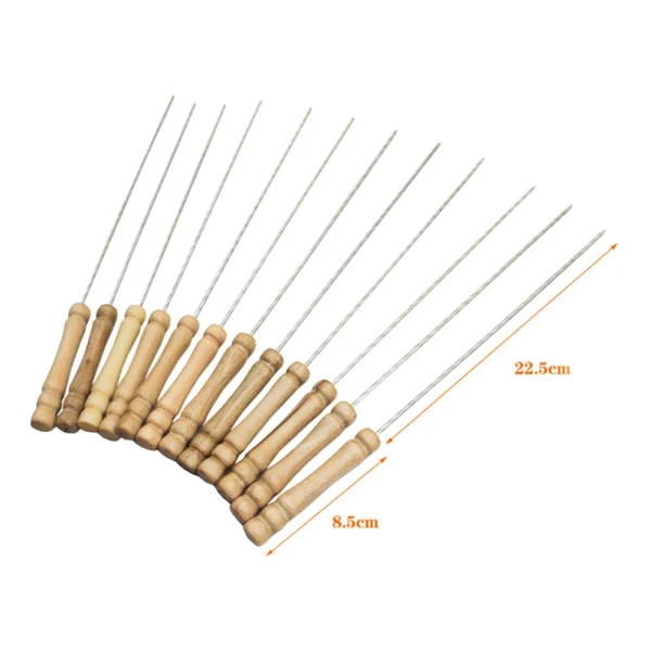 12 pcs Skewers Stainless Barbecue Skewers Flat Kebab Sticks with Wooden Handle - Image 3